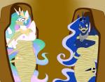 2017 absurd_res anthro anthrofied areola blue_body blue_eyes blue_hair blue_horn blue_nipples blush bound breasts captured collar crown cutie_mark duo equid equine eyelashes feathered_wings feathers female friendship_is_magic green_hair hair hasbro headgear hi_res horn long_hair magic_inhibitor mammal multicolored_hair mummification my_little_pony mythological_creature mythological_equine mythology nipples pink_hair pink_nipples princess_celestia_(mlp) princess_luna_(mlp) purple_eyes ring sarcophagus spiderweber white_body white_horn winged_unicorn wings