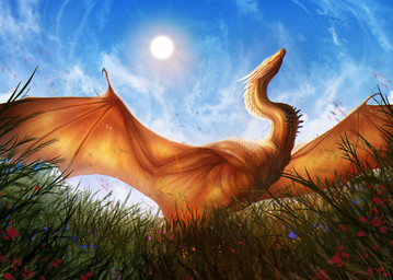 ambiguous_feral ambiguous_gender biped bipedal_feral claws cloud day eyes_closed feral flower grass long_neck low-angle_view membrane_(anatomy) membranous_wings neck_spikes outside plant scales sky snout solo spread_wings sun teeth text wing_claws wings yellow_body yellow_scales isvoc european_mythology mythology dragon mythological_creature mythological_scalie scalie western_dragon wyvern 2025 full-length_portrait hi_res portrait shaded url