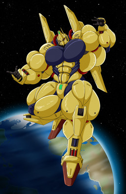 abs ambiguous_gender armor biceps big_muscles calf_muscles floating forearm_muscles gold_body headgear helmet huge_muscles hyper hyper_muscles machine mask mecha muscular pecs planet quads red_eyes solo space mutoprime gundam hyaku_shiki zeta_gundam humanoid robot robot_humanoid hi_res