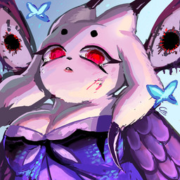 anthro bodily_fluids clothed clothing crying eyelashes female fur looking_at_viewer pink_body pink_fur red_eyes solo tears citipati_(artist) nine_sols red_candle_games lady_ethereal_(nine_sols) arthropod butterfly felid feline insect lepidopteran lynx mammal solarian 1:1 hi_res