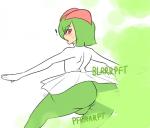 big_butt blush bodily_fluids bottomwear bulge butt clothing exclamation_point fart fart_cloud fart_fetish femboy green_hair hair male open_mouth red_eyes simple_background skirt solo sweat text white_background octoboy nintendo pokemon generation_3_pokemon humanoid kirlia pokemon_(species) hi_res