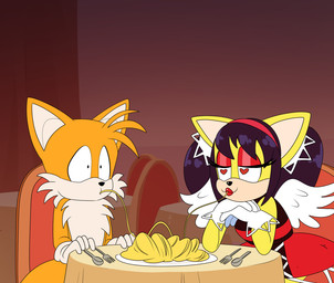 age_difference anthro dinner dinner_date dinner_table duo female food imminent_kiss lipstick makeup male male/female older_female pasta spaghetti younger_male 4chan_anon anonymous_artist sega sonic_the_fighters sonic_the_hedgehog_(series) honey_the_cat miles_prower canid canine domestic_cat felid feline felis fox mammal red_fox true_fox hi_res
