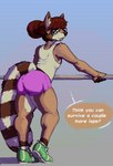 anthro athletic big_butt bottomwear butt clothing dolphin_shorts eyewear female footwear glasses hair hair_bun high_school school shoes shorts slim sneakers solo text latchk3y samantha_flores mammal procyonid raccoon 2021 hi_res