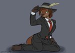 anthro barefoot brown_body brown_fur brown_hair business_attire business_suit businesswear clothed clothing fedora feet female fur green_eyes hair hat headgear headwear looking_at_viewer necktie simple_background solo suit tail sealer4258 jenna_(kardokis) mammal mustelid otter digital_media_(artwork) hi_res