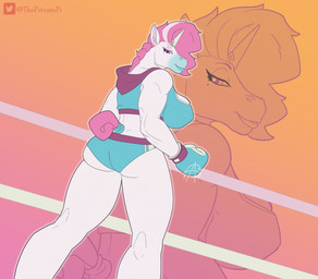 anthro athletic athletic_anthro athletic_female big_breasts biped boxing boxing_gloves breasts butt cheeky_panties clothed clothed_anthro clothed_female clothing cropped_hoodie female fighting_ring hair half-closed_eyes handwear head_turned horn looking_at_viewer looking_back low-angle_view narrowed_eyes nipple_outline pink_eyes rear_view simple_background smile solo sport text unicorn_horn unibro_pi mythology huniepi equid equine mammal mythological_creature mythological_equine unicorn artist_name digital_media_(artwork) hi_res