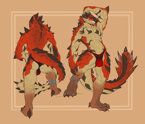 abs anklet anthro anthrofied arm_spikes balls_outline biceps blue_eyes brown_body brown_claws brown_scales bulge butt claws clothed clothing detailed_bulge detailed_scales elbow_spikes front_view gem genital_outline grin hand_on_hip hand_over_head head_spikes heel_claw jewelry leg_markings male male_anthro markings muscular muscular_male natural_armor nose_spike pecs penis_outline plantigrade pose quads rear_view red_body red_clothing red_scales red_thong red_underwear sapphire_(gem) scales sharp_teeth shoulder_spikes simple_background skimpy smile socks_(marking) solo spiked_tail spikes spikes_(anatomy) step_pose tail tan_background tan_body tan_scales teeth thong thong_only topless underwear underwear_only javkiller capcom monster_hunter fan_character leo_(lieutenantskittles) flying_wyvern rath_wyvern rathalos scalie 2021 absurd_res detailed hi_res model_sheet