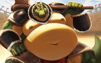 anthro arena axe belly big_belly bottomwear clothing green_body horn huge_belly loincloth male moobs musclegut muscular muscular_arms navel nipples sharp_teeth shoulder_armor smile solo spikes standing teeth yellow_body shibadoodles mythology dragon mythological_creature mythological_scalie reptile scalie hi_res
