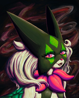 cape clothing dark_clothing eyelashes fur green_body green_cape green_clothing green_fur green_hair hair light_clothing looking_at_viewer mask multicolored_clothing open_mouth pink_body pink_eyes pink_nose smile two_tone_clothing halfbaked-hope nintendo pokemon generation_9_pokemon meowscarada pokemon_(species) 2023 absurd_res digital_media_(artwork) hi_res signature