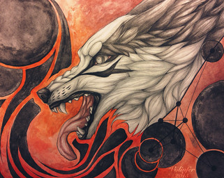 black_lips black_nose feral fur grey_eyes lips male open_mouth solo teeth text tongue white_body white_fur volinfer canid canine canis mammal wolf 2015 english_text hi_res traditional_media_(artwork)