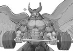 abs anthro barazoku barbell beak biceps big_muscles bottomwear clothed clothing exercise feathers huge_muscles male muscular muscular_anthro muscular_male obliques pants pecs solo topless topless_male vein veiny_muscles weightlifting wings workout chirros avian bird owl 2021 artist_name greyscale hi_res monochrome