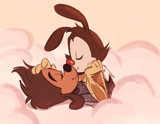 anthro black_nose caressing clothed clothing cloud duo eyebrows eyes_closed happy kiss_on_cheek kissing love male male/male red_nose sky smile thick_eyebrows ciervorobot animaniacs disney goof_troop warner_brothers max_goof yakko_warner canid canine canis domestic_dog inkblot mammal absurd_res hi_res