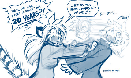 5_fingers angry anthro biped breasts canon_couple clothed clothed_anthro clothed_female clothed_human clothed_male clothing dialogue duo female fingers front_view fur hair interspecies interspecies_pregnancy male markings meta_humor open_mouth pregnant pregnant_anthro pregnant_female question shaking_another shirt_grab simple_background speech_bubble striped_body striped_fur striped_markings striped_tail stripes tail tail_markings teeth text tongue white_background yelling conditional_dnp tom_fischbach twokinds flora_(twokinds) trace_legacy felid human keidran mammal pantherine tiger 2025 blue_and_white digital_drawing_(artwork) digital_media_(artwork) english_text hi_res monochrome sketch