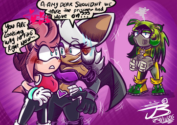annoyed anthro armwear blue_eyes blush bottomwear bracelet clothing collar crop_top cuff_(restraint) elbow_gloves eye_through_hair eyeshadow female female/female flirting footwear fur gloves green_body green_eyes group hair handcuffed handcuffs handwear jewelry makeup metal_cuffs midriff muzzle_(object) muzzled pants pink_body pink_fur purple_background restraints shirt shoes simple_background speech_bubble spiked_clothing spiked_footwear spiked_shoes spikes tan_body topwear translucent translucent_hair trio white_body white_fur wings conniesky3 idw_publishing sega sonic_the_hedgehog_(comics) sonic_the_hedgehog_(idw) sonic_the_hedgehog_(series) amy_rose rouge_the_bat surge_the_tenrec bat eulipotyphlan hedgehog honduran_white_bat leaf-nosed_bat mammal microbat yangochiropteran hi_res