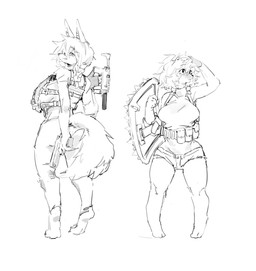 anthro arm_scar arm_tuft arms_bent bent_arm big_breasts biped bottomwear braided_hair breast_scar breasts bulletproof_vest clothed clothed_anthro clothed_female clothing digitigrade duo ears_up eye_scar eyebrows eyelashes eyelashes_through_hair facial_scar feet female female_anthro fingerless_gloves fist fluffy fluffy_tail front_view fully_clothed fully_clothed_anthro fully_clothed_female fur gloves gun hair hair_between_eyes hand_on_head hand_on_own_head handgun handwear holding_gun holding_handgun holding_machine_gun holding_object holding_pistol holding_ranged_weapon holding_shield holding_weapon hotpants improper_gun_handling kemono leg_tuft long_ears long_hair looking_away looking_back machine_gun one_glove open_mouth pants pistol pointy_ears ranged_weapon scar shield short_hair shorts side_boob silencer simple_background snout spiked_shield standing straight_arm straight_legs tactical_gear tail tail_down three-quarter_view translucent translucent_hair tuft unsafe_weapon_practices weapon white_background meckmeck00124 canid canine fox mammal 2024 digital_drawing_(artwork) digital_media_(artwork) full-length_portrait greyscale hi_res korean_description monochrome portrait sketch
