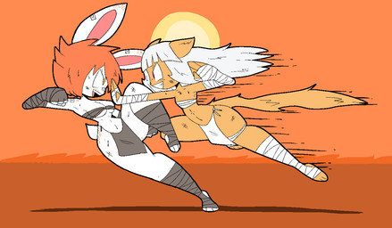 anthro band-aid band-aid_on_face bandage bandage_on_face bandaged_arm bandaged_chest bandaged_leg bottomwear breasts cleavage clothed clothing duo female flat_chested freckled_face freckled_legs freckled_shoulders freckled_thighs freckles fur hair loincloth martial_arts medium_breasts navel orange_body orange_eyes orange_hair purple_eyes small_breasts small_waist smile tail thick_thighs white_body white_fur white_hair wide_hips usagibun1 bosho_(usagibun1) domestic_cat felid feline felis lagomorph leporid mammal mouse murid murine rabbit rodent 2024 digital_media_(artwork)