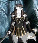 anthro big_breasts blue_eyes breasts brown_hair chakram clothed clothing cosplay female fur hair melee_weapon multicolored_body multicolored_fur solo sword two_tone_body two_tone_fur weapon xxsparcoxx xena_warrior_princess sophia_(xxsparcoxx) xena canid canine canis mammal wolf 2015 digital_media_(artwork) hi_res