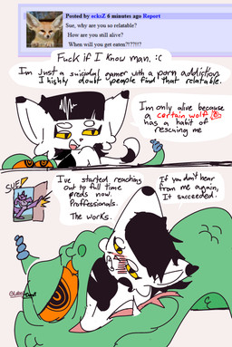 ambiguous_gender answer anthro big_ears dialogue disregard_of_life duo female feral forked_tongue oral_vore profanity question response suicidal_ideation swallowing text tongue vore willing_prey globaldonut34 gd_(globaldonut34) sue_(globaldonut34) canid canine canis felid feline mammal pit_viper rattlesnake reptile scalie snake viper wolf absurd_res colored_sketch english_text hi_res sketch