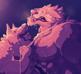 abs anthro arm_hair bodily_fluids body_hair collar duo ears_back human_on_anthro interspecies leash leash_pull male male/male muscular muscular_anthro muscular_human muscular_male nipples nude open_mouth pecs pivoted_ears simple_background size_difference sweat tongue tongue_out chocolateandmilk canid canine human mammal absurd_res hi_res restricted_palette