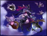 anthro bent_legs big_breasts boots breasts broom cleaning_tool clothing cloud crossed_legs eeveelution espeon female footwear garter_straps gastly generation_1_pokemon generation_2_pokemon generation_5_pokemon generation_6_pokemon group hat haunter headgear headwear hi_res high_heeled_boots high_heels lampent leg_over_edge leg_over_thigh legwear misdreavus nintendo nipple_outline noibat over_edge pokemon pokemon_(species) sky thigh_boots thigh_highs tongue tongue_out witch_hat zacianswords
