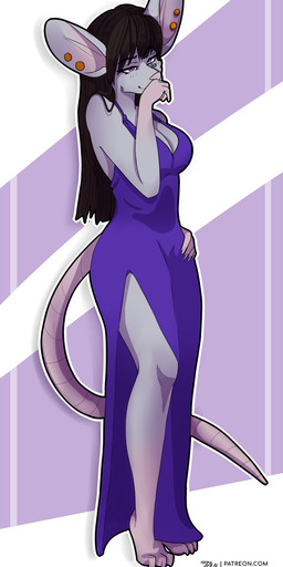 anthro barefoot black_hair breasts cleavage clothed clothed_anthro clothed_female clothing dress ear_piercing feet female female_anthro hair long_hair piercing purple_clothing purple_dress simple_background solo standing text zombikiss mammal mouse murid murine rat rodent character_request hi_res