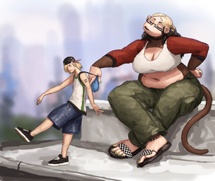 5_fingers 5_toes anklet anthro arm_tattoo backpack backwards_baseball_cap backwards_hat baseball_cap belly belly_overhang big_breasts black_hair blonde_hair bottomwear breasts brown_body brown_fur cargo_pants choker cleavage clothed clothing colored_nails crop_top deep_navel denim denim_bottomwear denim_clothing denim_shorts duo ear_piercing eyewear feet female female_anthro fingers flip_flops footwear fur glasses green_eyes green_nails hair hair_over_eye hat headgear headwear highlights_(coloring) jersey jewelry larger_anthro larger_female long_hair looking_at_another male male_human midriff nails navel necklace outside overweight overweight_female pants piercing prehensile_feet sandals shirt shoes short_hair shorts sitting size_difference slides_(footwear) smaller_human smaller_male sneakers standing tail tattoo toes topwear redustheriotact benny_(redustheriotact) bridget_(redustheriotact) haplorhine human mammal monkey primate 2025 hi_res