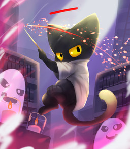 anthro candle group holidays ladder library looking_at_viewer magic wand yellow_eyes kuttoyaki google google_doodle halloween magic_cat_academy momo_(google) domestic_cat felid feline felis ghost mammal spirit 2016 absurd_res hi_res
