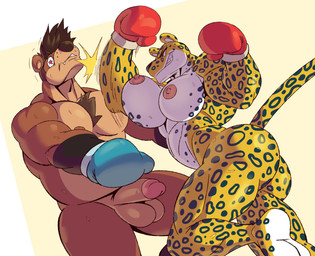 anthro areola balls biceps big_breasts black_eyebrows black_nose bodily_fluids boxing boxing_gloves boxing_gloves_only breasts brown_body brown_eyebrows brown_fur brown_hair brown_nipples brown_nose butt clenched_teeth clothing duo eyebrows eyelashes feet female fight fur genitals hair handwear handwear_only humanoid_genitalia humanoid_penis knockout looking_at_another male markings mostly_nude motion_lines multicolored_body multicolored_fur muscular muscular_anthro muscular_female muscular_male nipples nude nude_anthro nude_female nude_male pecs penis pink_areola punch simple_background smile smirk soles sport spots spotted_body spotted_fur star_eyes sweat sweatdrop teeth two_tone_body two_tone_fur uppercut white_body white_fur yellow_body yellow_fur tderek99 bear cheetah felid feline hybrid leopard leopardus mammal mustelid musteline ocelot otter pantherine true_musteline weasel 2023 character_request hi_res