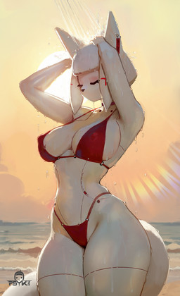 anthro bathing beach bikini breasts clothing endoskeleton eyes_closed female hand_on_head machine mouthless red_bikini red_clothing red_swimwear sea showering small_waist solo sun sunset swimwear tail text text_on_body thick_thighs translucent translucent_body two-piece_swimsuit water wet wet_body white_body psyk323 fox_bot_(psyk323) canid canine fox mammal robot 2025 hi_res watermark
