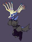 absurd_res anthro antlers areola ball_gag bdsm blue_eyes bondage bound breasts clothing deer female gag gagged generation_6_pokemon harness hi_res horn kuueen legendary_pokemon legwear mammal nintendo nipples pokemon pokemon_(species) restraints simple_background solo stockings tail xerneas