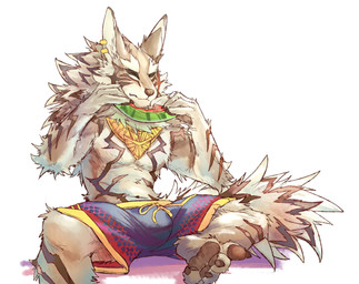 4_toes anthro bottomwear bulge claws clothing ear_piercing eating eating_food eyes_closed feet food fruit fur gold_(metal) gold_jewelry holding_food holding_object jewelry male melon piercing plant shorts sitting solo striped_body striped_fur stripes toes watermelon tupidwithouts lifewonders tokyo_afterschool_summoners seth_(tas) canid canine canis jackal mammal 2018 absurd_res hi_res
