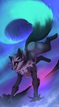 2022 absurd_res anthro arm_tuft aurora_(phenomenon) black_body black_ears black_fur black_nose breasts canid canine cheek_tuft detailed_background elbow_tuft facial_tuft featureless_breasts female fur grey_body grey_fur hi_res mammal mythological_canine mythological_creature mythological_fox mythology night nude outside plagueofgripes running sky snow solo star starry_sky tuft tulikettu yellow_sclera