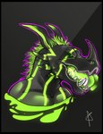 angry anthro black_body black_border black_sclera border fangs glowing glowing_eyes glowing_markings green_hair hair horn male markings scales side_view solo spikes teeth zykido lapfox_trax mythology adraen_(renard) dragon hybrid mammal mythological_creature mythological_scalie rhinoceros scalie bust_portrait compression_artifacts hi_res portrait