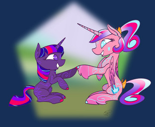 abstract_background alternate_form duo female feral fetlocks hooves horn ribbons wings harmonie27 friendship_is_magic hasbro my_little_pony mythology princess_cadance_(mlp) twilight_sparkle_(mlp) equid equine mammal mythological_creature mythological_equine unicorn winged_unicorn