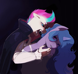 anthro blue_eyes cape clothing duo fangs female hair horn imminent_bite multicolored_hair purple_eyes purple_hair teeth turquoise_hair two_tone_hair aztrial hasbro mlp_g5 my_little_pony mythology izzy_moonbow_(mlp) zipp_storm_(mlp) equid equine mammal mythological_creature mythological_equine unicorn vampire hi_res