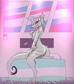 after_shower anthro bed bedroom black_hair blue_eyes book cellphone detailed_background digitigrade electronics eyeliner eyeshadow femboy finger_on_chin floor furniture galaxy genitals gills green_bedding green_pillow hair head_crest kneeling light_switch lights looking_at_viewer makeup male markings nude on_one_knee orb painting_(object) penile_spines penis petals phone pillow psychic pupils purple_pillow romantic rose_petals sharp_teeth slit_pupils smile smiling_at_viewer solo sparkles spines tail tattoo technology teeth unusual_hair wet wet_body white_bedding white_body white_hair davespaceman votz_mairlean_(davespaceman) alien marine reptile scalie vinesian hi_res nonbinary_(lore) trans_(lore)