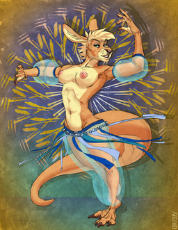 abstract_background anthro areola breasts butt clothed clothing dancing female fur hair harem harem_outfit nipples simple_background solo teeth kihu kangaroo macropod mammal marsupial