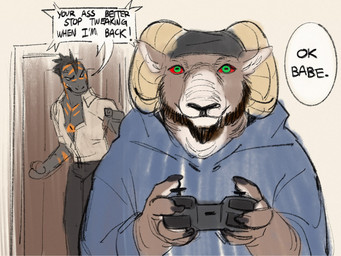 anthro beard biped black_beard black_body black_facial_hair black_scales blue_clothing blue_hoodie blue_topwear brown_body brown_fur clothing duo facial_hair fur gaming green_eyes hoodie male muscular muscular_anthro muscular_male playing_video_game red_sclera scales substance_intoxication text topwear hemuchang echo_(game) echo_(series) echo_project carl_hendricks flynn_moore bovid caprine lizard mammal reptile rocky_mountain_goat scalie 4:3 english_text hi_res