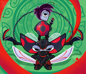 4_arms antennae_(anatomy) anthro black_bottomwear black_clothing black_fingerless_gloves black_gloves black_handwear black_jeans black_mask black_pants black_suit bottomwear clothing denim denim_bottomwear denim_clothing fingerless_gloves gloves grey_clothing grey_jacket grey_topwear hair handwear holding_katana holding_melee_weapon holding_nunchaku holding_object holding_sword holding_weapon insect_wings jacket jeans katana male melee_weapon multi_arm multi_limb ninja nunchaku pants purple_hair solo suit sword topwear warrior weapon wings mags-niac disney randy_cunningham:_9th_grade_ninja the_buzz_on_maggie randy_cunningham arthropod beetle cucujoid insect ladybug hi_res