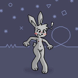 abstract_background anthro big_eyes big_head biped black_nose blush blush_lines embarrassed exclamation_point exposed female flat_chested fur genitals grey_body grey_fur head_tuft knock-kneed long_ears looking_at_self looking_down navel nipples nude on_one_leg open_mouth outside paws raised_arms scut_tail short_tail simple_background sky solo standing star surprised tail three-quarter_view tuft vulva worried_look pixel_vibri vib-ribbon vibri lagomorph leporid mammal rabbit 1:1 2026 aliasing digital_media_(artwork) hi_res shaded