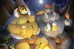 alcohol anthro beer belly beverage bottomwear brown_body brown_fur bulge clothing cute_fangs duo fangs food fur kemono male moobs moon night nipples outside overweight overweight_male shorts sitting teeth towel mtflying30371 bear mammal 2020 3:2 hi_res