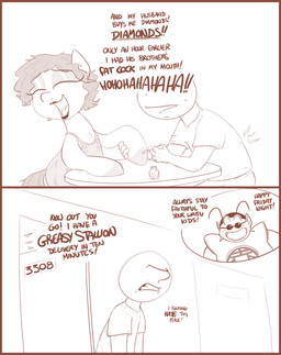 bodily_fluids clothed clothing dialogue dress duo exclamation_point eyes_closed female feral hair humor laugh male open_mouth profanity short_hair sweat swimwear text shoutingisfun dragon_ball hasbro my_little_pony anon fan_character king_kai earth_pony equid equine horse human mammal pony 2016 comic crossover english_text hi_res monochrome
