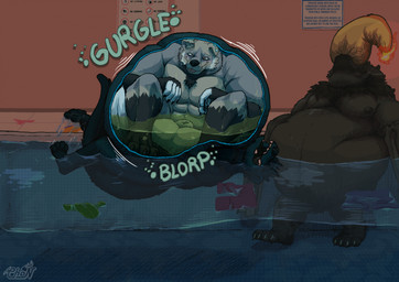 abdominal_bulge animal_genitalia anthro bodily_fluids bulge duo floating genitals inside_stomach internal male male/male muscular muscular_anthro nude onomatopoeia open_mouth oral_vore overweight rumbling_stomach sheath sound_effects stomach_acid swimming_pool text vore chopangigante nintendo pokemon bluep druidbluep lucan_(sidonias) bat canid canine charizard demon generation_1_pokemon hybrid mammal mustelid otter pokemon_(species) procyonid raccoon raccoon_dog tanuki hi_res