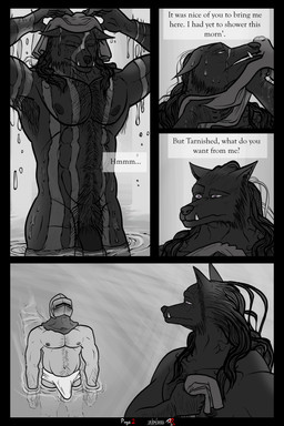abs anthro armor armpit_hair biped blush body_hair bulge clothed clothing duo erection erection_under_clothing fangs fur genitals headgear headgear_only helmet helmet_only larger_anthro larger_male male muscular muscular_anthro muscular_male nipples partially_submerged pecs penis pubes size_difference smaller_human smaller_male standing teeth text wet wet_body duke_of_dangers_(artist) elden_ring fromsoftware blaidd_(elden_ring) tarnished_(elden_ring) canid canine canis human mammal wolf 2022 2:3 absurd_res comic digital_media_(artwork) english_text greyscale hi_res monochrome