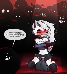 anthro bone bound breast_grab breasts clothed clothing collar female genitals group hand_on_breast humiliation kidnapping public public_humiliation red_sclera sex_toy speech_bubble spiked_collar spikes sybian text vulva zeecibee hellaverse helluva_boss mythology loona_(helluva_boss) canid canid_demon canine demon hellhound mammal mythological_canine mythological_creature hi_res