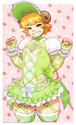 5_fingers anthro balls blonde_hair bonnet bottomwear clothed clothing corset crossdressing curled_horn dress femboy fingers fist flaccid frilly frilly_clothing frilly_dress front_view fur genitals gloves green_bottomwear green_clothing green_dress green_gloves green_handwear green_legwear green_skirt green_stockings grin hair half-closed_eyes handwear headgear headwear horn humanoid_genitalia humanoid_penis legwear lingerie male narrowed_eyes penis pink_balls pink_nose pink_penis raised_hands skirt smile solo stockings tan_body tan_fur text thick_thighs topwear white_bottomwear white_clothing white_dress white_legwear white_skirt white_stockings tokifuji keiran_tracey bovid caprine mammal sheep 2026 hi_res url