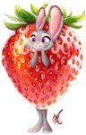 anthro clothing costume female food food_costume fruit hand_on_cheek plant purple_eyes simple_background solo standing strawberry strawberry_costume white_background thewinterbunny disney zootopia judy_hopps lagomorph leporid mammal rabbit 2022 hi_res signature