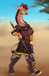 anthro blue_eyes clothing cloven_hooves desert ear_piercing female furry_specific_accessory gun hooves long_neck musket piercing ranged_weapon shin_guards simple_background solo weapon white_background skuttz giraffe giraffid mammal absurd_res hi_res