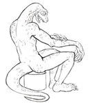 anthro claws eyes_closed furniture hand_on_arm male nude open_mouth sharp_teeth simple_background smile solo stool teeth teeth_showing white_background thegreatmatsutzu beastars gosha_(beastars) komodo_dragon lizard monitor_lizard reptile scalie black_and_white monochrome sketch