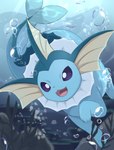 :3 ambiguous_gender blue_body bubble feral fin happy open_:3 open_mouth plant purple_sclera quadruped smile solo tail underwater water white_eyes rumine nintendo pokemon eeveelution generation_1_pokemon pokemon_(species) vaporeon hi_res