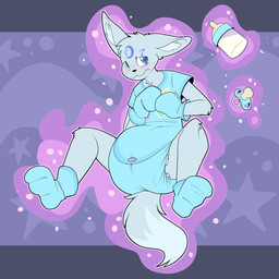 anthro baby_bottle big_diaper blue_eyes blush booties bottle clothing container crescent_(shape) crescent_moon diaper dipstick_tail fluffy fluffy_tail fur grey_body grey_fur levitation magic male markings milk_bottle milk_container moon moon_(marking) onesie pacifier simple_background solo tail tail_markings telekinesis bubblepuppers fysir arctic_fox canid canine fox mammal true_fox 1:1 hi_res
